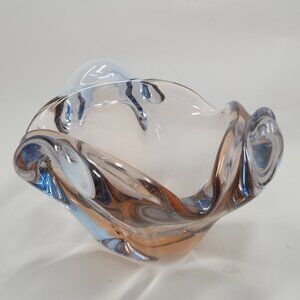 Vintage Czech Blown Art Glass Bowl Ashtray Candy Dish Footed Pink Blue